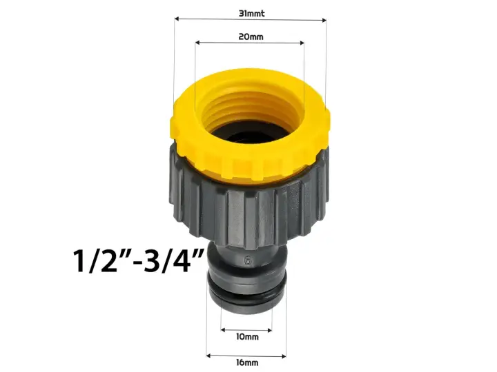 Złączka do węża ogrodowego 1/2"-3/4" z żółtą nakrętką. Ułatwia podłączenie szlaufa do kranu.