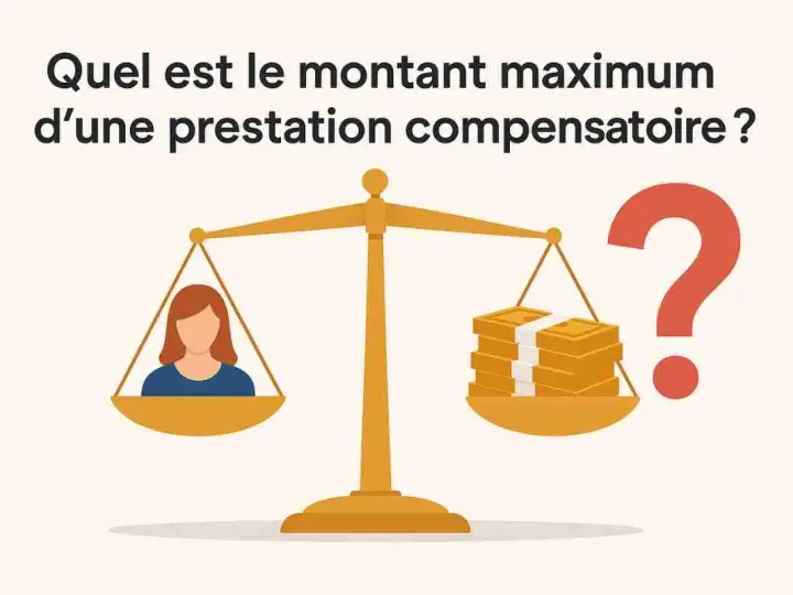 Une balance pèse une personne et des liasses de billets. La question porte sur le montant prestation compensatoire.