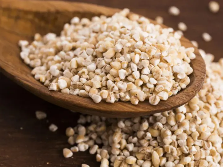Kasza jęczmienna na drewnianej łyżce. Czy kasza jęczmienna ma gluten? Tak, jęczmień zawiera gluten.