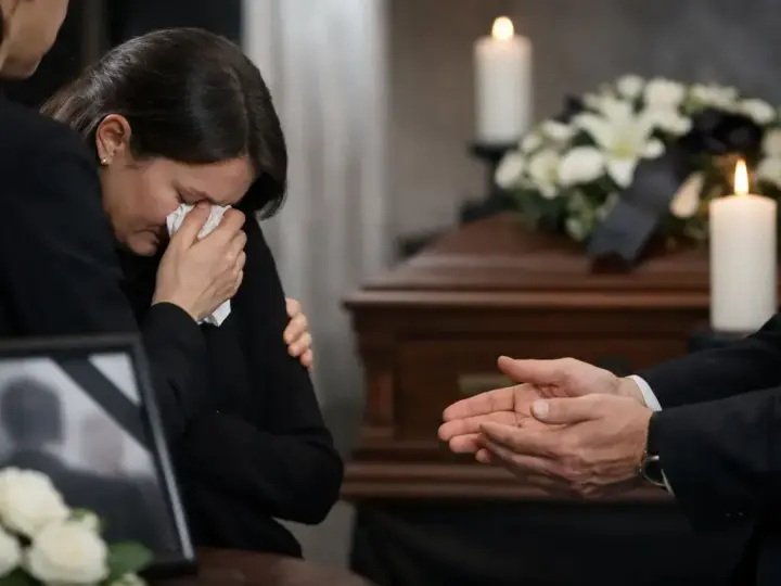 Smutna kobieta ociera łzy. W tle trumna i świece. Wskazówki, jak złożyć kondolencje na odległość, gdy nie można być blisko.