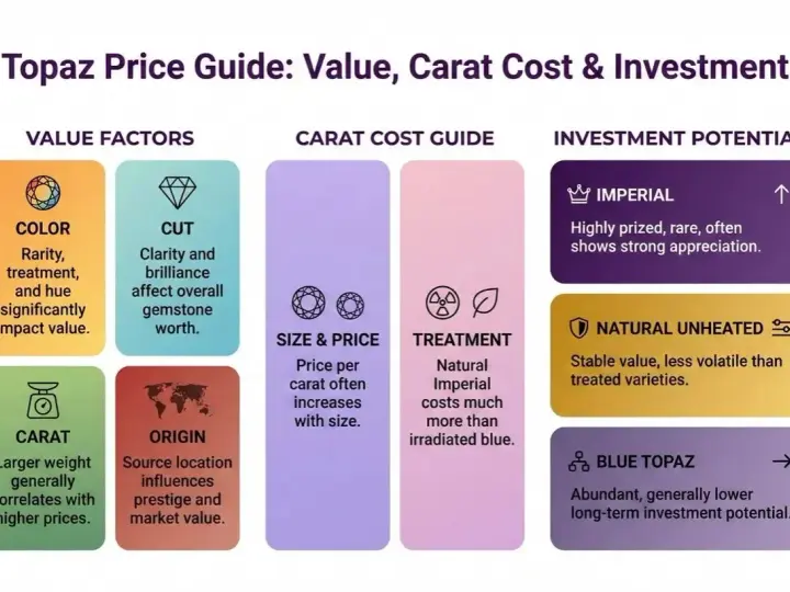 Topaz price guide: color, cut, carat, origin, size, and treatment affect how much topaz is worth. Imperial topaz is rare and valuable.