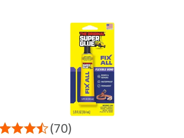 The Original Super Glue Fix All tube, promising a flexible, waterproof, and permanent bond for many materials.