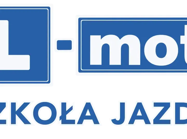 Logo szkoły jazdy "L-mot" z napisem "SZKOŁA JAZDY".