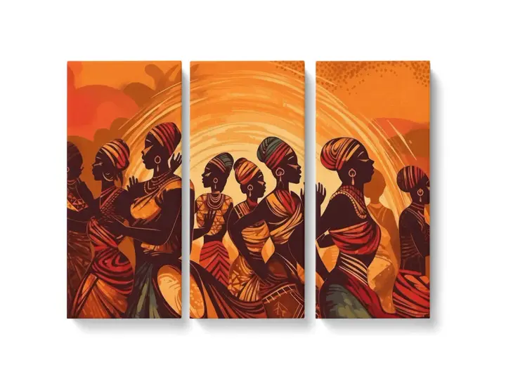 Ce tableau ethnique représente des femmes africaines stylisées dans des tenues colorées, dansant sous un soleil rayonnant.