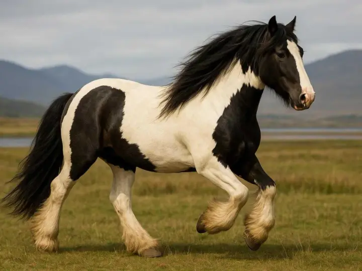 Un magnifique cheval cob gypsy pie noir et blanc galope dans un pré verdoyant, sa crinière au vent.