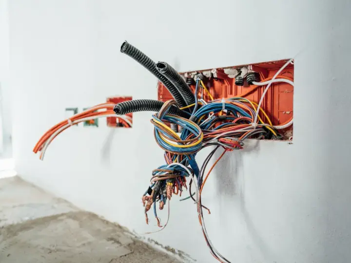 Un groviglio di cavi elettrici dai vivaci colori fase emerge da una scatola arancione incassata nel muro, pronto per essere collegato.