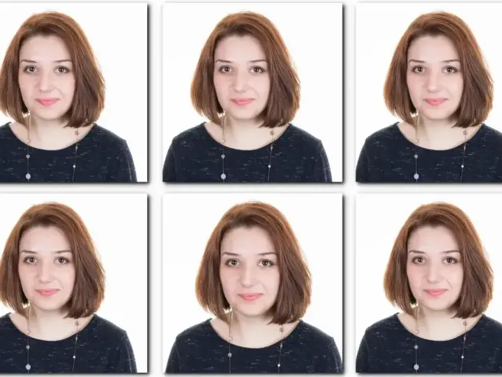 Sześć identycznych zdjęć 35x45mm młodej kobiety z rudymi włosami i naszyjnikiem.