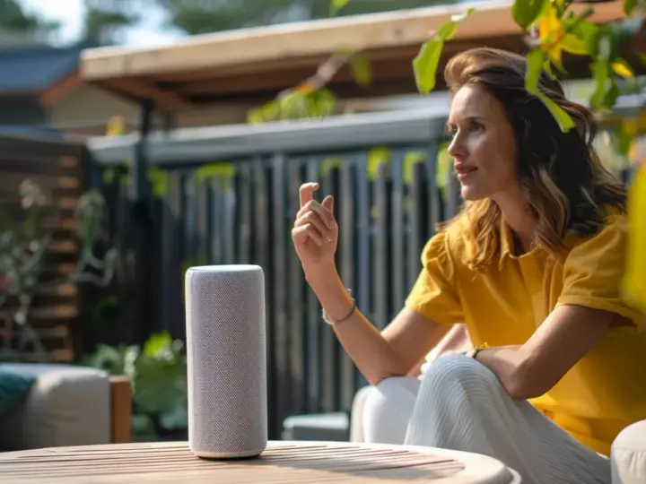 Frau spricht mit einem Smart Speaker im Garten. Sie verbindet ihr Gerät und genießt die Musik.