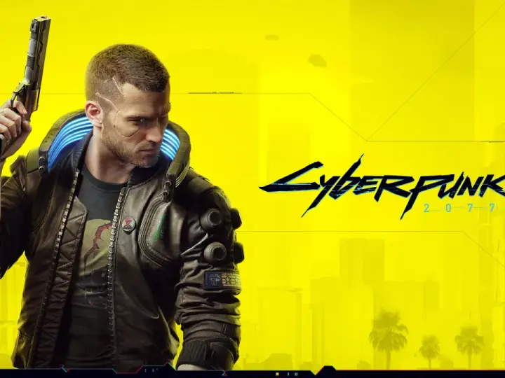 Un hombre con implantes cibernéticos y una chaqueta de cuero sostiene un arma. El logo de Cyberpunk 2077 aparece a la derecha. Ideal para tu **guía trofeos Cyberpunk 2077**.