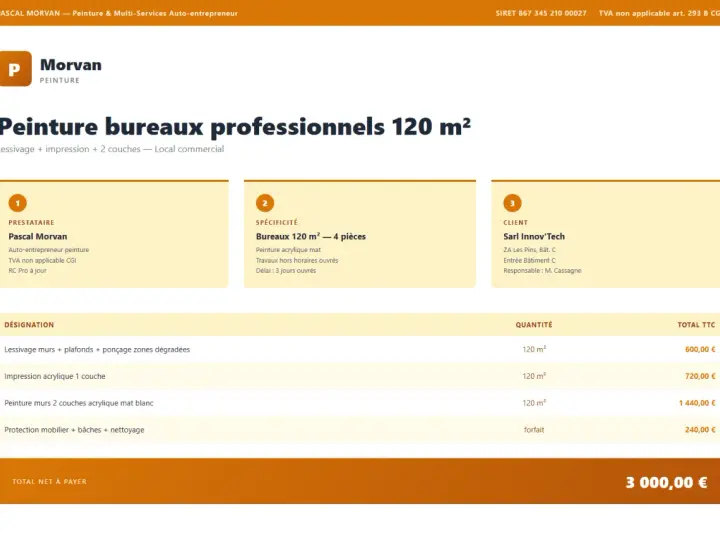 Devis de Pascal Morvan, artiste peintre auto entrepreneur, pour la peinture de bureaux de 120 m². Détails des prestations et tarifs.