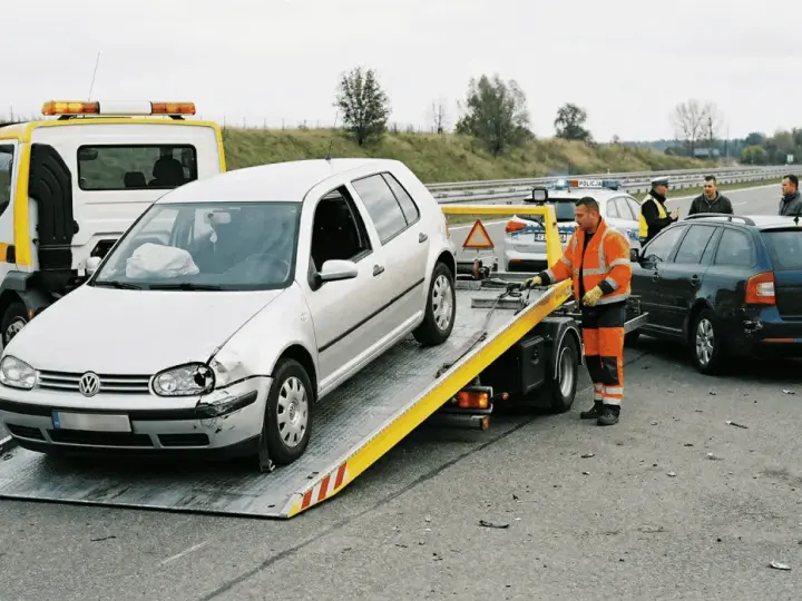 Holowanie uszkodzonego samochodu na lawetę, obok stoi policja i drugi samochód.