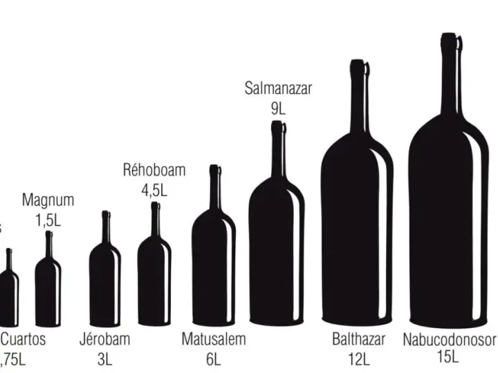 Siluetas de botellas de vino de diferentes tamaños, desde Benjamín (0,18L) hasta Salomón (18L), mostrando las medidas de etiqueta de vino.