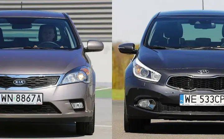 Dwa samochody Kia Ceed 1.6 CRDi stoją obok siebie, jeden brązowy, drugi ciemnoszary.