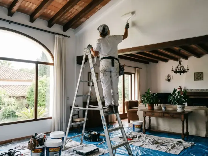 Persona pinta el techo de una sala con vigas de madera. Se pregunta cuánto cuesta pintar una casa.