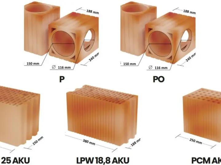 Elementy ceramiczne: pustak wentylacyjny z kanałem płaskim (P, PO) oraz pustaki budowlane (25 AKU, LPW 18,8 AKU, PCM AK) z wymiarami.