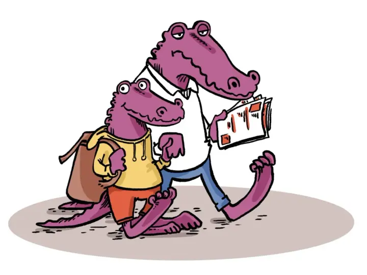 Deux crocodiles, un parent et un enfant, marchent ensemble. L'enfant porte un sac à dos, le parent lit un document, peut-être un certificat d'aptitude à la vie en collectivité modèle.