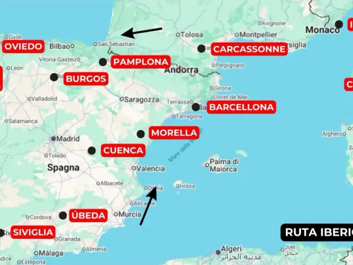 Mappa di un itinerario "Spagna in moto 10 giorni" con tappe da Lisbona a Siviglia, passando per Oviedo, Burgos, Pamplona, Barcellona, Morella, Cuenca e Úbeda.