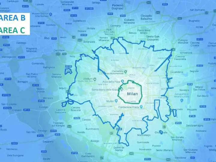Mappa di Milano e hinterland con evidenziata l'area del blocco euro 5.