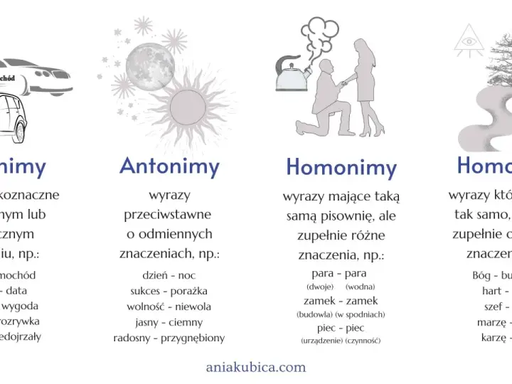 10 przykładów homonimów, antonimów, synonimów i homofonów. Obrazek przedstawia przykłady różnych typów wyrazów.