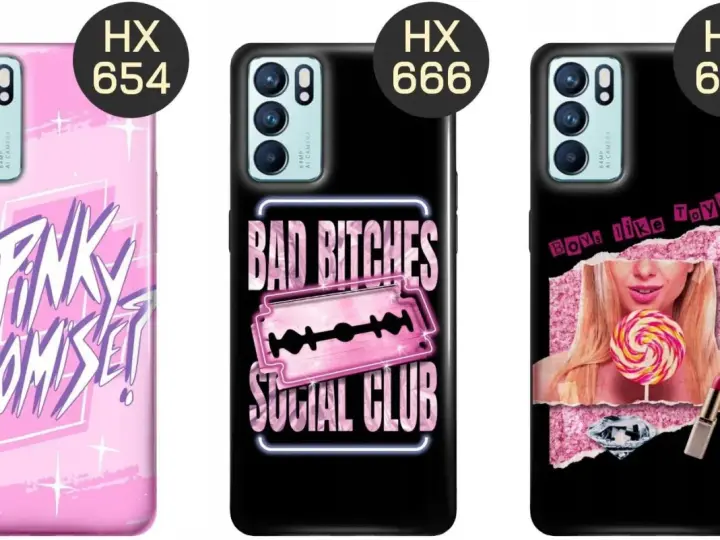 Trzy etui na telefon Oppo Reno 6 5G z różnymi wzorami: różowe z napisem "Pink Promise", czarne z napisem "Bad Bitches Social Club" i czarne z wizerunkiem dziewczyny i napisem "Boys like Toys".