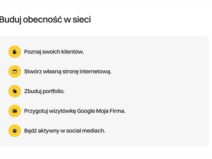 Buduj obecność w sieci: poznaj klientów, stwórz stronę, zbuduj portfolio, wizytówkę Google Moja Firma i bądź aktywny w social mediach. To kluczowe, gdzie publikować zdjęcia.