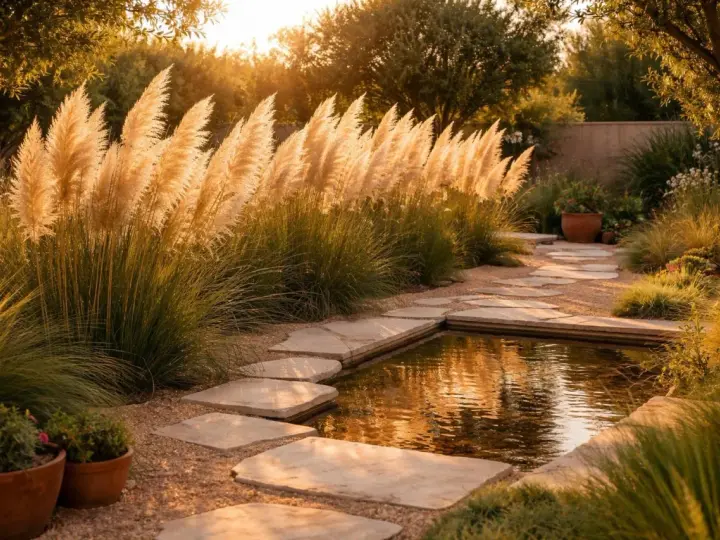 Goldene Abendsonne beleuchtet Pampasgras am Teichrand. Ein Steinpfad führt durch den Garten, der einen perfekten Pampasgras Standort zeigt.