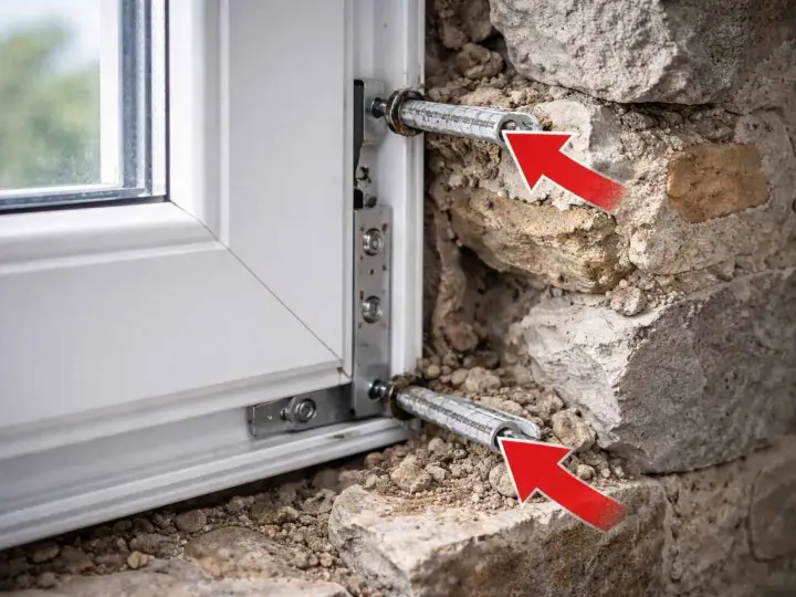 Fixation d'une pose fenêtre bois dans un mur en pierre. Les flèches rouges indiquent les fixations métalliques.