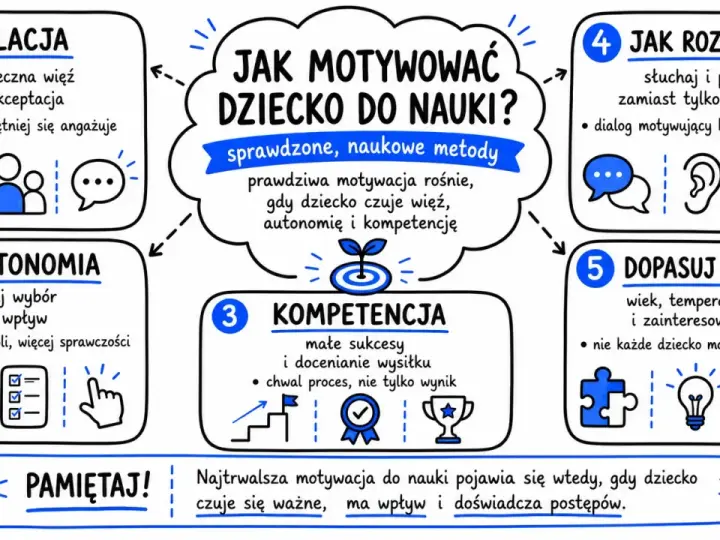 Jak motywować dziecko do nauki? 5 metod: relacja, autonomia, kompetencja, rozmowa, dopasowanie. Prawdziwa motywacja rośnie, gdy dziecko czuje więź, autonomię i kompetencję.
