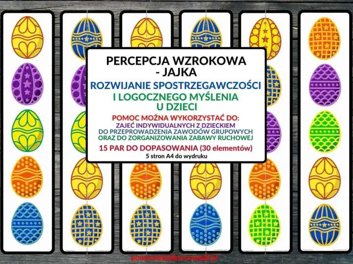 Kolorowe jajka wielkanocne do dopasowania, rozwijające percepcję wzrokową i spostrzegawczość u dzieci.