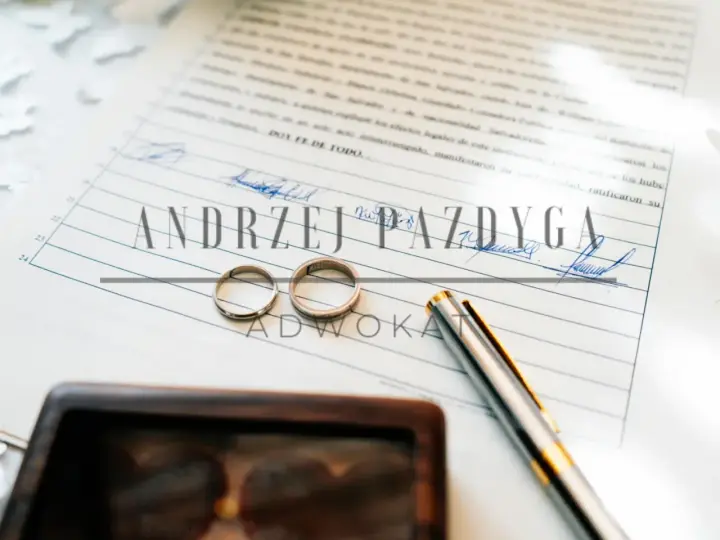 Dwa obrączki na dokumencie z podpisami i nazwiskiem "Andrzej Pazdyga", sugerujące intercyzę po ślubie. Obok pióro i drewniane pudełko.