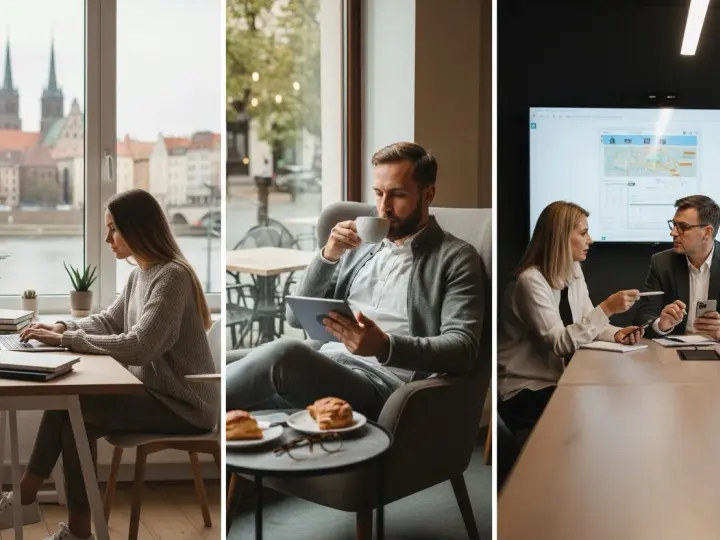 Kobieta pracuje przy laptopie z widokiem na Wrocław, mężczyzna pije kawę z tabletem, para dyskutuje przy ekranie. Psychologia w biznesie studia Wrocław.
