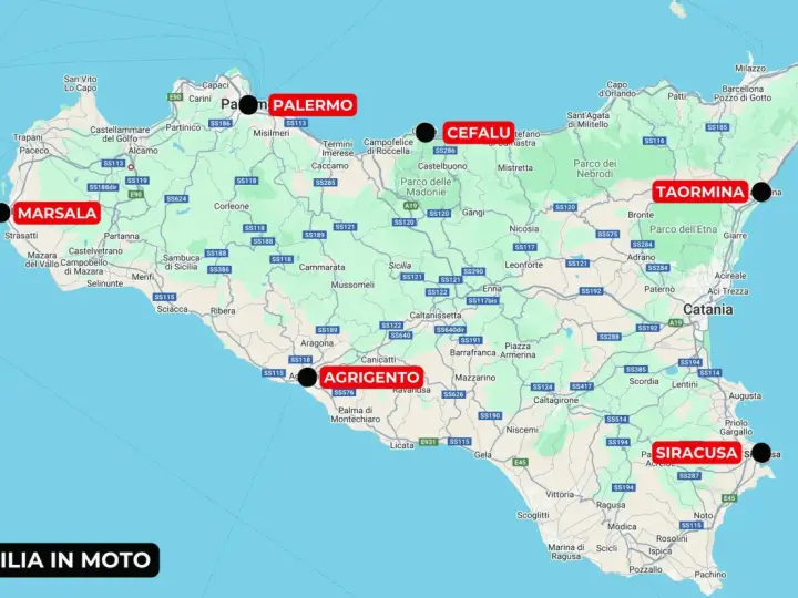 Itinerario di 10 giorni in Sicilia in moto: da Marsala a Siracusa, passando per Palermo, Agrigento e Taormina.
