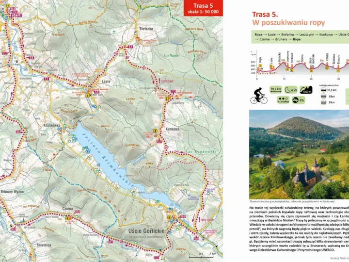 Mapa z trasami rowerowymi w Beskidzie Niskim. Trasa 5 "W poszukiwaniu ropy" prowadzi przez malownicze tereny.