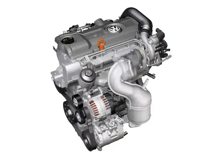 Nowoczesny silnik diesla Volkswagena z turbosprężarką i paskiem napędowym.