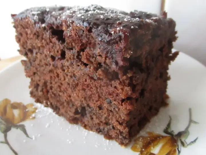 Wilgotne ciasto czekoladowe z dżemem porzeczkowym, posypane cukrem pudrem, na talerzyku z motywem kwiatowym.