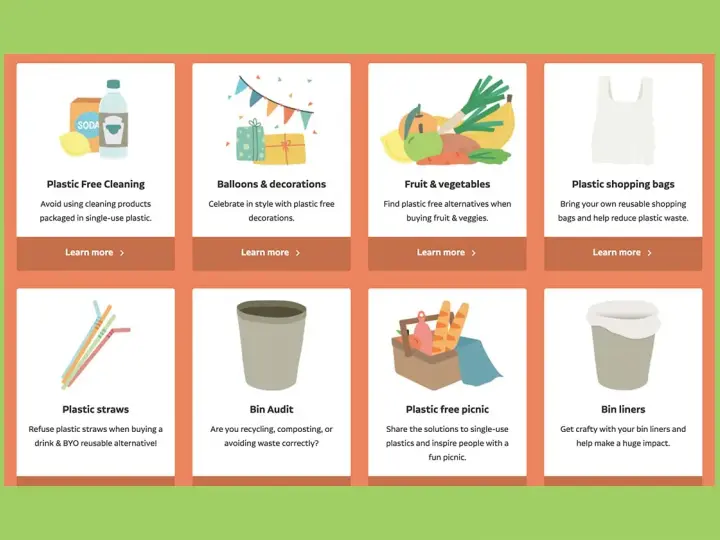 Eight cards offer tips for reducing plastic waste, from cleaning supplies to bin liners, promoting alternatives to heavy duty plastic.