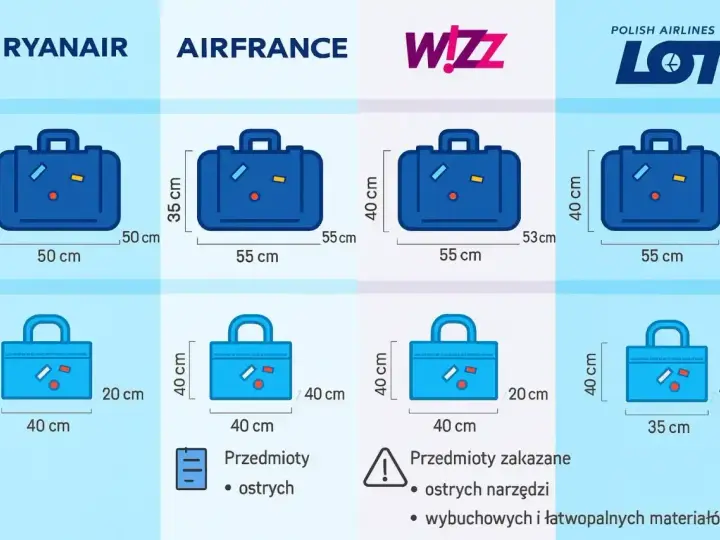 Ilustracja porównująca wymiary bagażu podręcznego linii lotniczych Ryanair, Air France, Wizz Air i LOT.