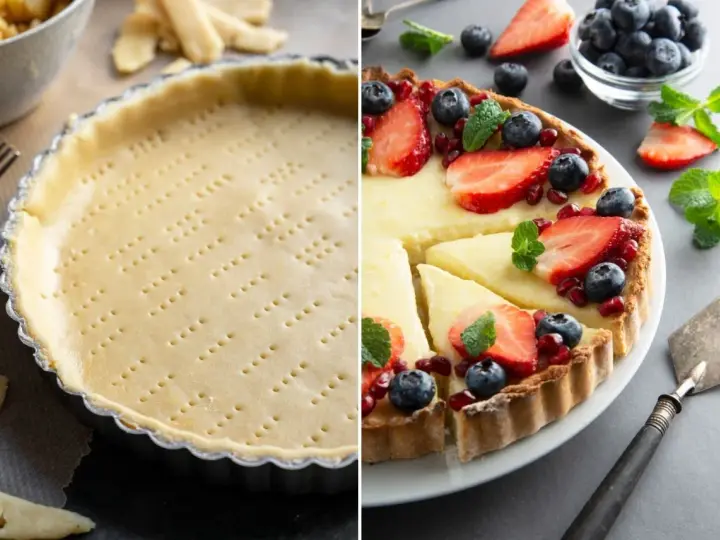 Base de masa quebrada lista para hornear y tarta de frutas frescas. Ideas para recetas con masa quebrada.