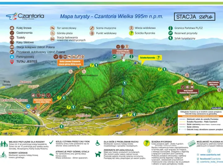 Mapa turystyczna Czantorii z zaznaczonymi atrakcjami: kolej linowa, wieża widokowa, ścieżka Rycerska.