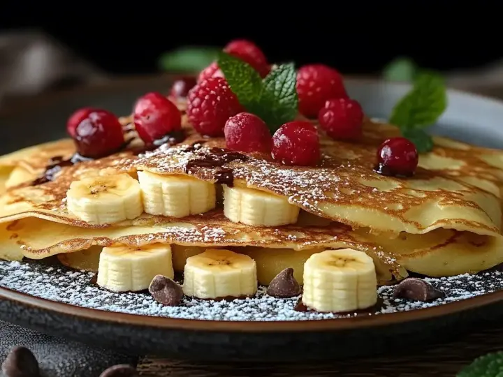 Deliziose crepes dolci con banane, lamponi, sciroppo al cioccolato e zucchero a velo. Una ricetta perfetta per una colazione speciale.