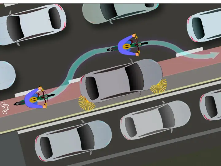 Radfahrer nutzen den Radweg, während Autos im **Parken in zweiter Reihe** den Verkehr behindern.