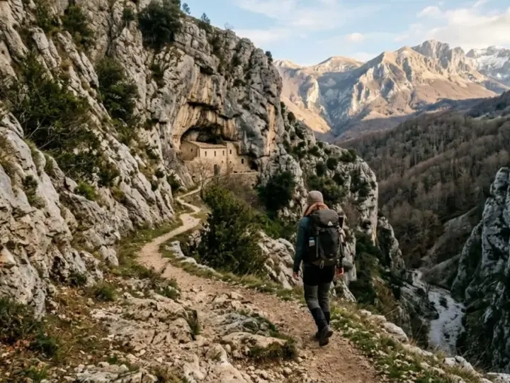 Un escursionista percorre un sentiero roccioso verso un eremo incastonato nella roccia, un'avventura nei cammini in Abruzzo.