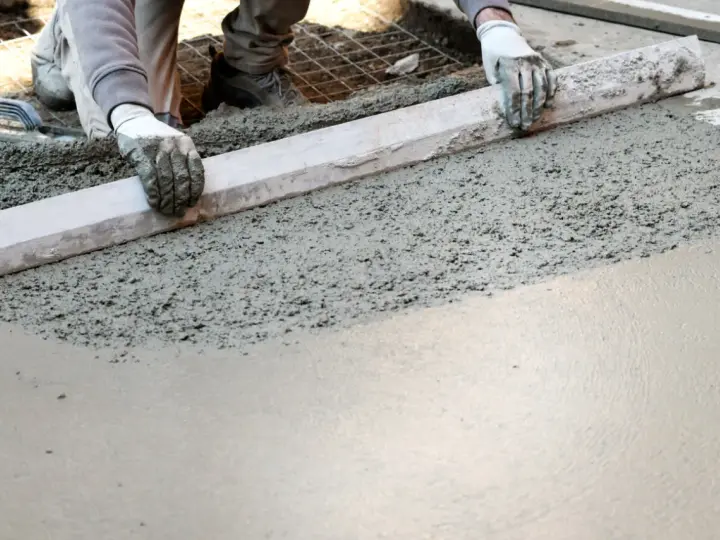 Ręce w rękawiczkach wyrównują świeży beton na taras za pomocą łaty.