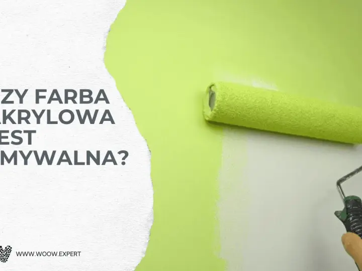 Wałek malarski pokrywa ścianę jasną zieloną farbą. Czy farba akrylowa jest zmywalna? Dowiedz się więcej na www.woow.expert.