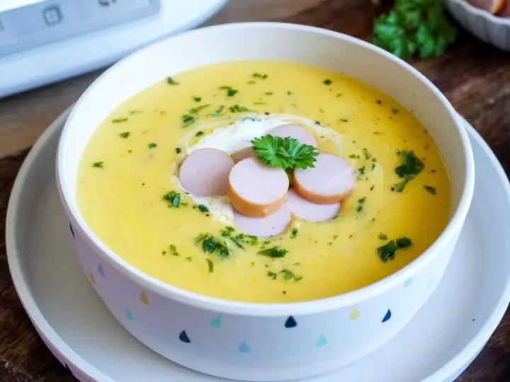 Cremige Kartoffelsuppe, zubereitet im Thermomix, garniert mit Würstchenscheiben, einem Klecks Sahne und Petersilie.