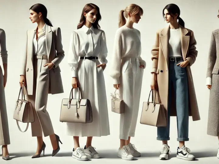 Sześć kobiet prezentuje stylizacje smart casual: eleganckie spodnie, płaszcze i sukienki w stonowanych kolorach.