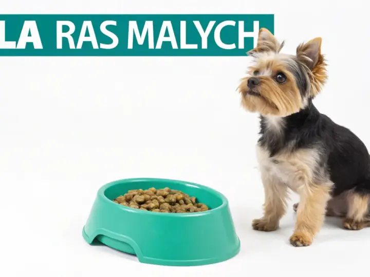 Yorkshire terrier czeka na jedzenie. Na zdjęciu tekst "DLA RAS MAŁYCH" i miska z karmą, która może być częścią rankingu karm dla szczeniąt.