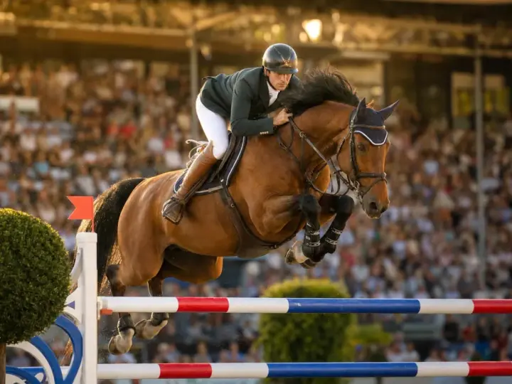 Cavalier et cheval brun en plein saut d'obstacles lors d'un parcours cso devant une foule en délire.