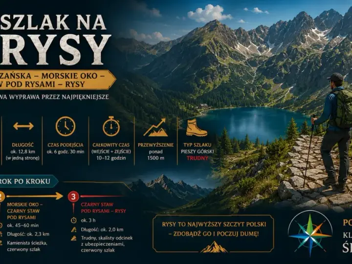 Wędrowiec na szlaku z widokiem na Morskie Oko i góry. Trasa prowadzi przez Palenicę Białczańską, Morskie Oko, Czarny Staw pod Rysami, aż na Rysy.