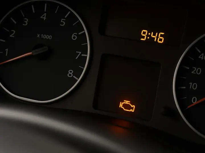 Cruscotto auto con spia centralina accesa, indicando un problema al motore. L'ora è 9:46.